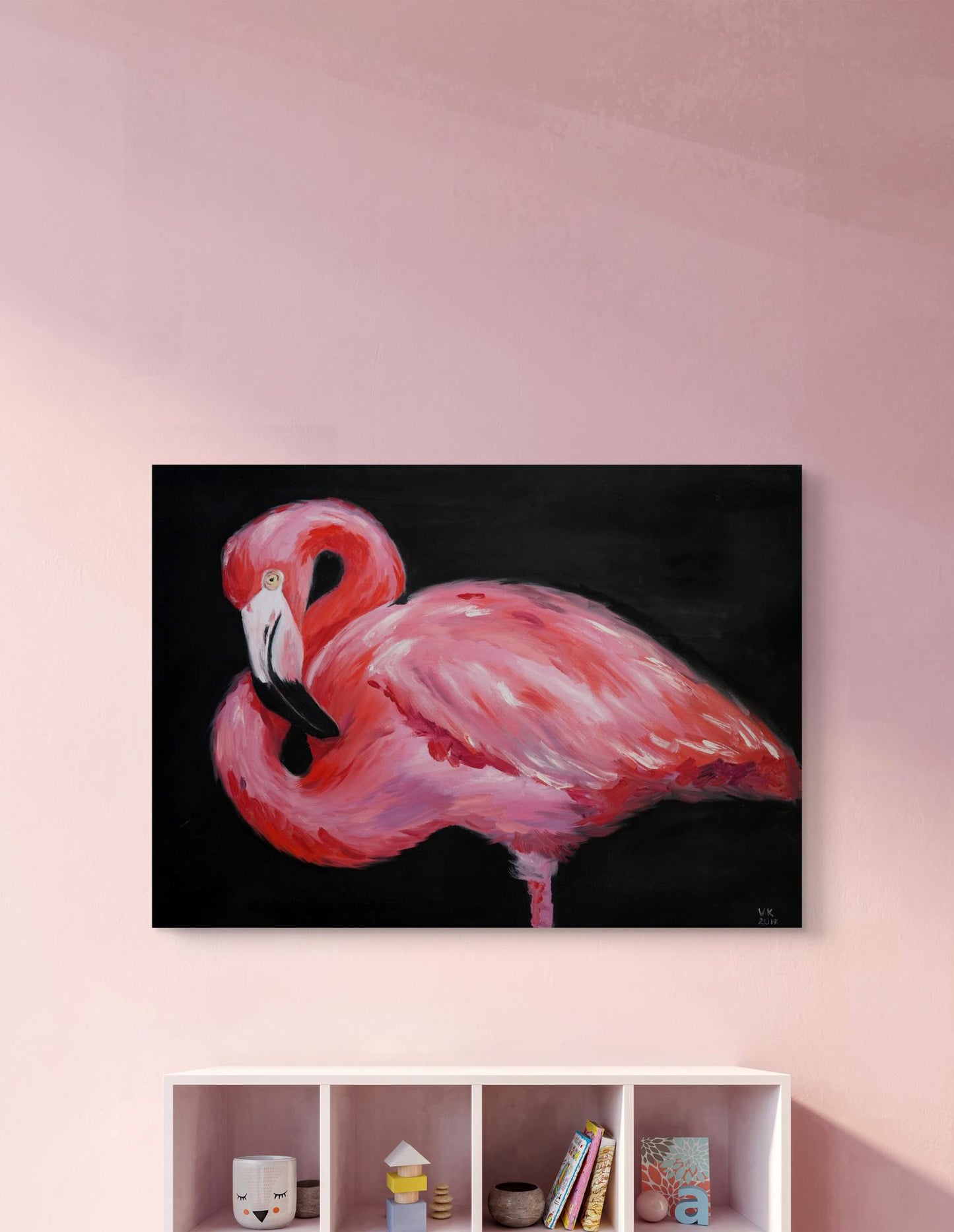 Oil painting Pink flamingo by Victoria Kagalovska on dark background