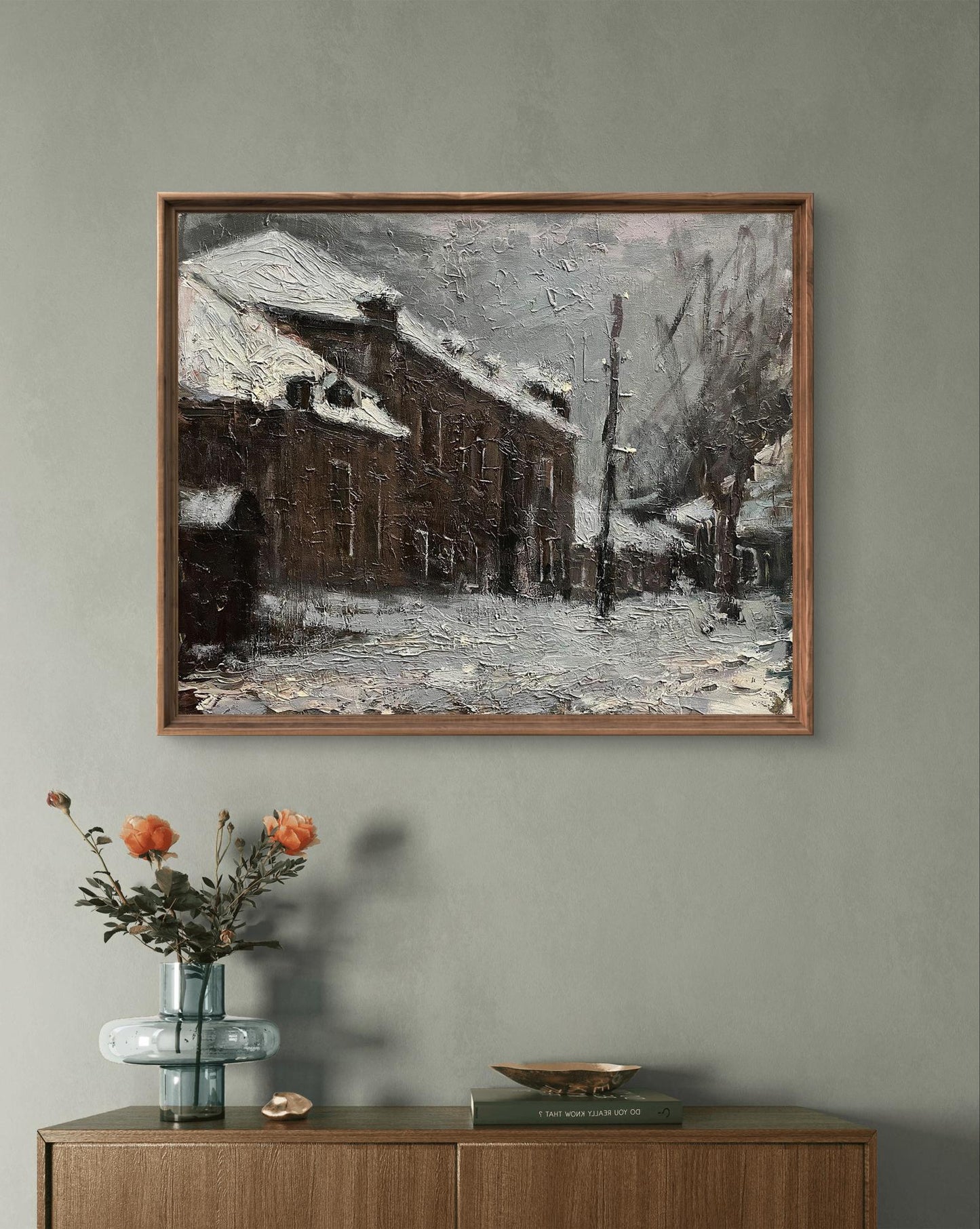 Framed snowy street oil painting Resurrection Ascension by Volodymyr Pashchenko