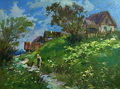 Oil painting by Yuriy Suprunchuk: rustic thatched house in green hills