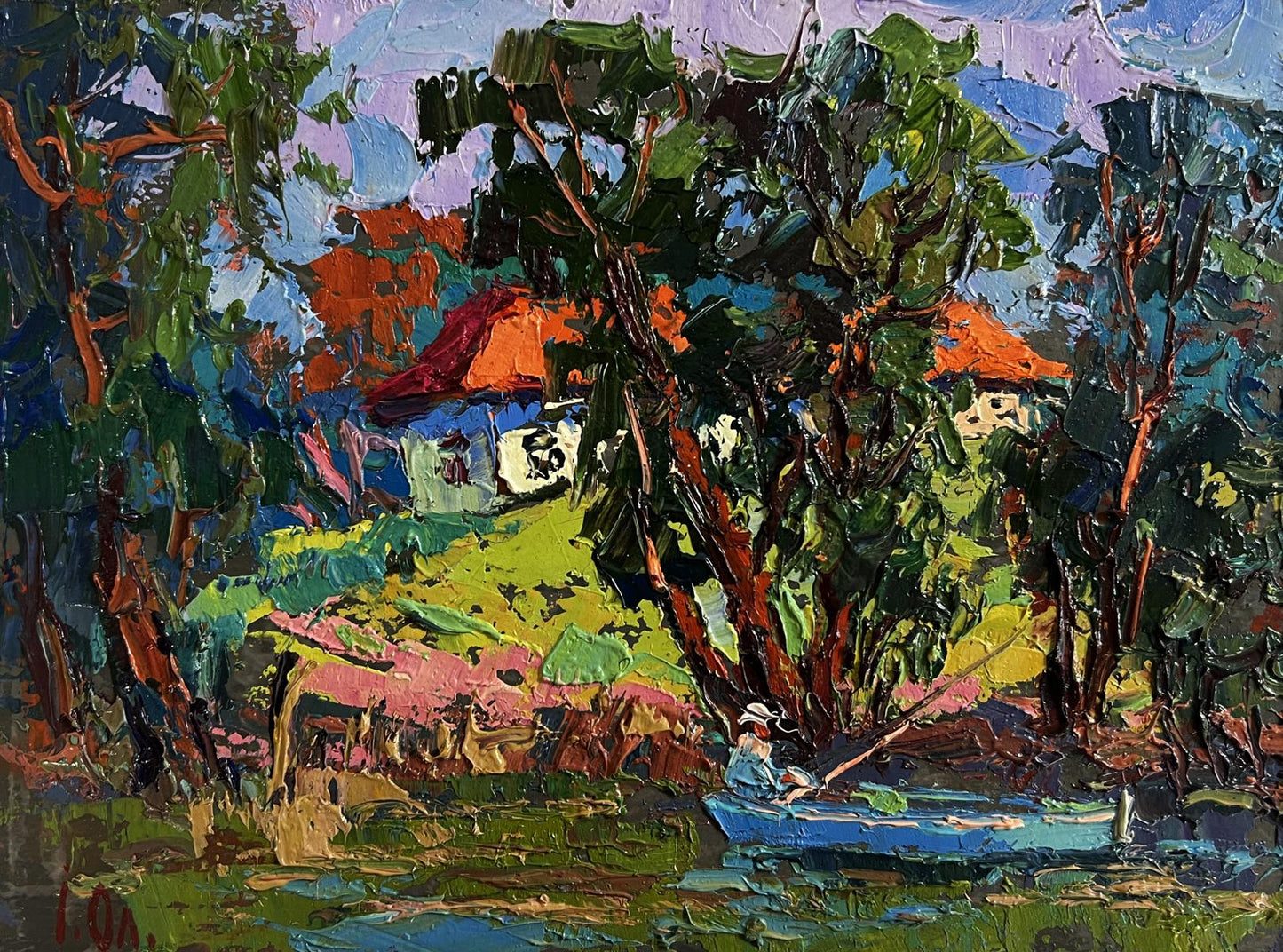 Oil painting Fishing in the summer by Oleksiy Ivanyuk rowboat scene