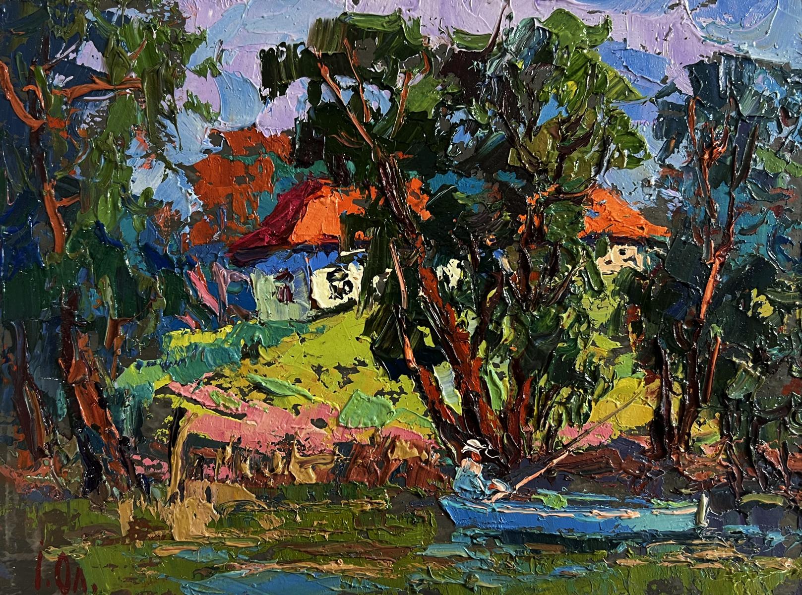 Oil painting Fishing in the summer by Oleksiy Ivanyuk rowboat scene