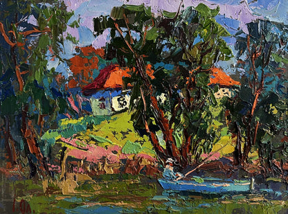 Oil painting Fishing in the summer by Oleksiy Ivanyuk rowboat scene