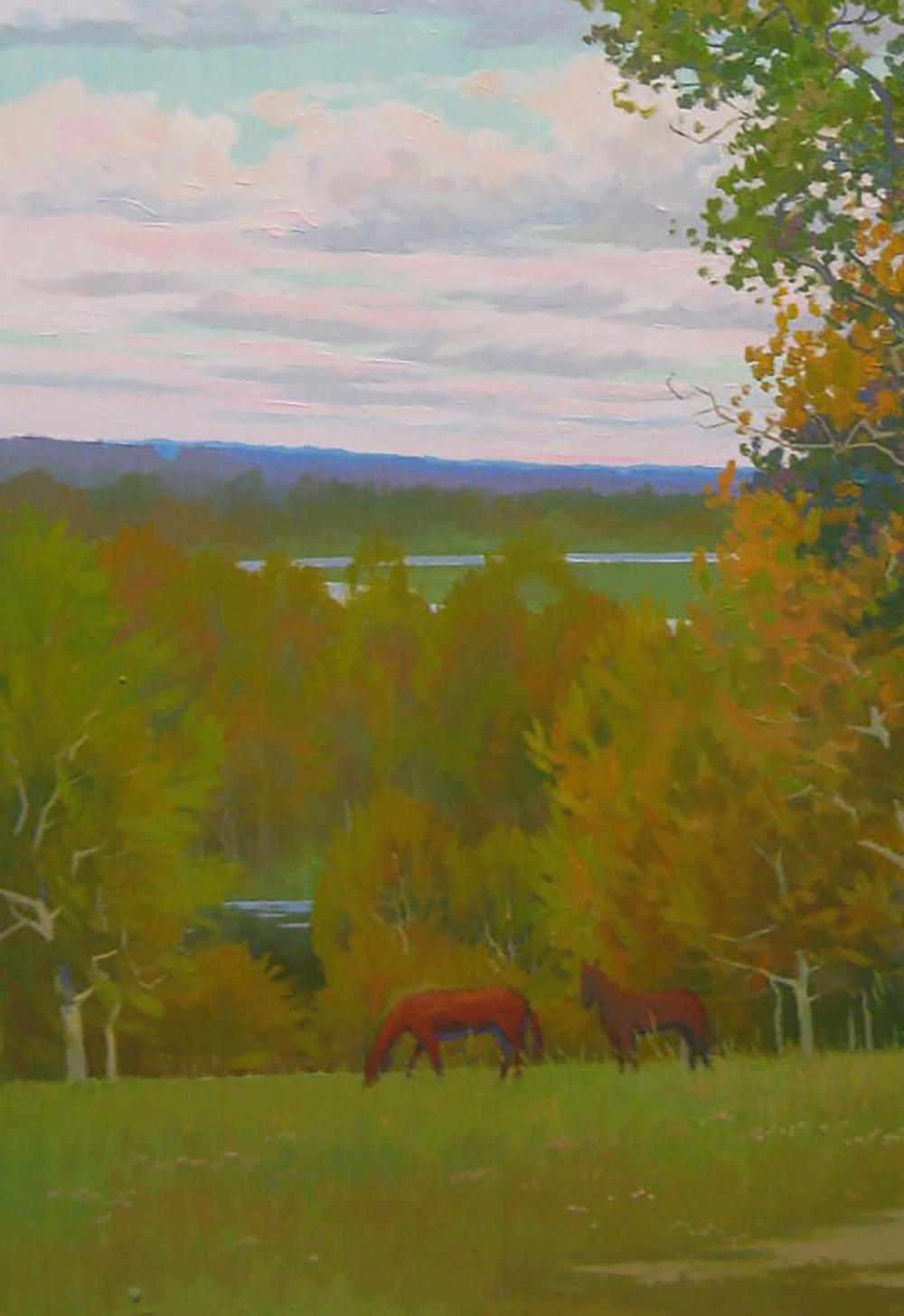 Oil painting of two reddish-brown horses grazing in autumn meadows by Valery Savenets