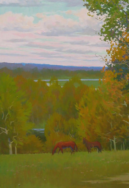 Oil painting of two reddish-brown horses grazing in autumn meadows by Valery Savenets