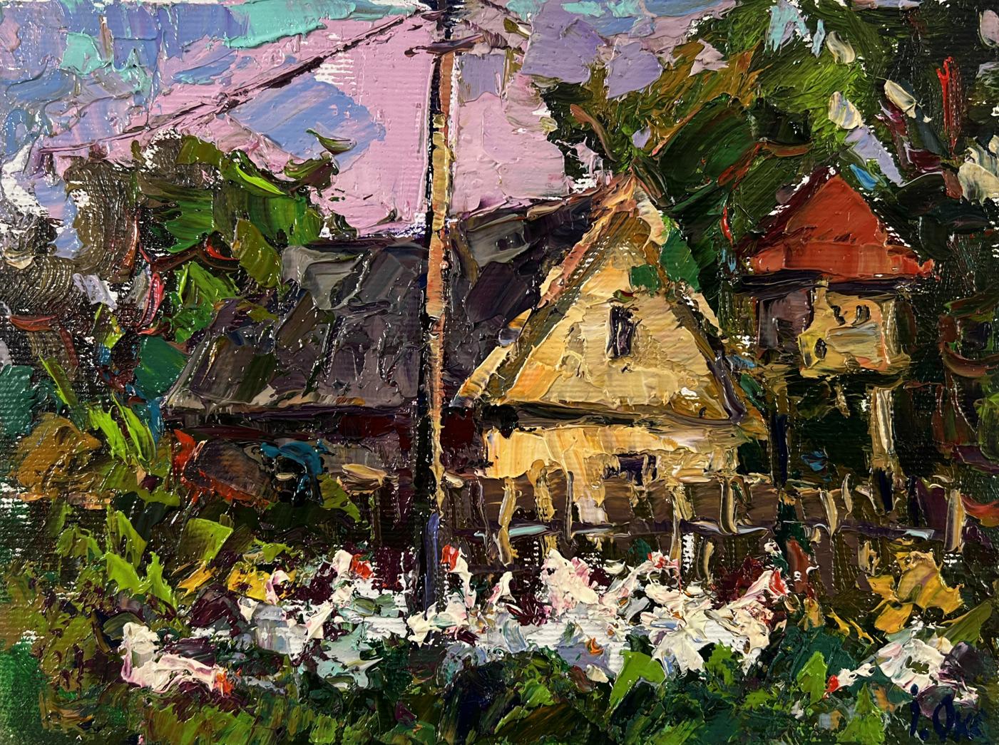 Oil painting Evening house by Oksana Ivanyuk: rustic wooden home in lush foliage