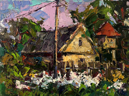 Oil painting Evening house by Oksana Ivanyuk: rustic wooden home in lush foliage