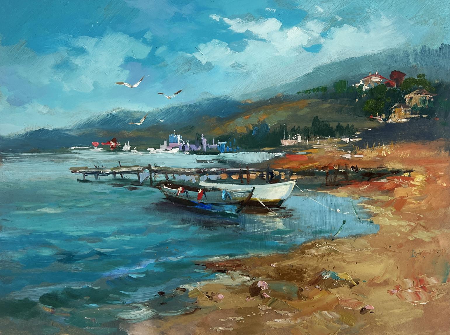 Oil painting Hidden corner by the sea by Yuriy Suprunchuk: white rowboat on turquoise water