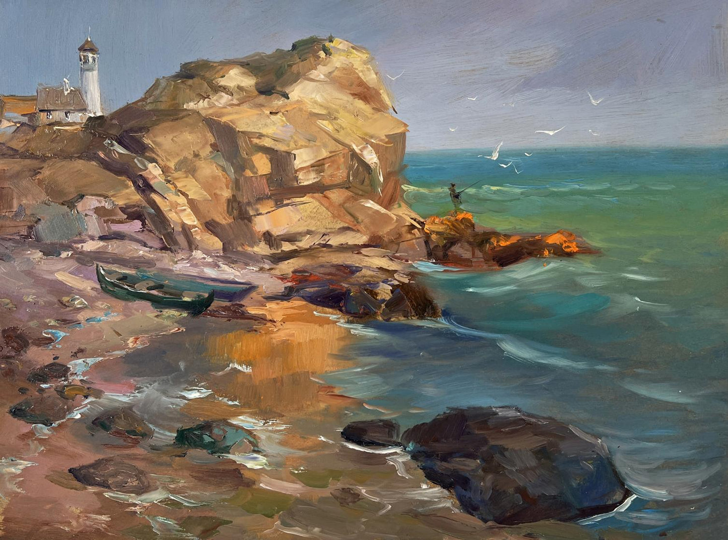 Oil painting of white lighthouse on tan cliff by Yuriy Suprunchuk