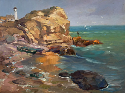 Oil painting of white lighthouse on tan cliff by Yuriy Suprunchuk