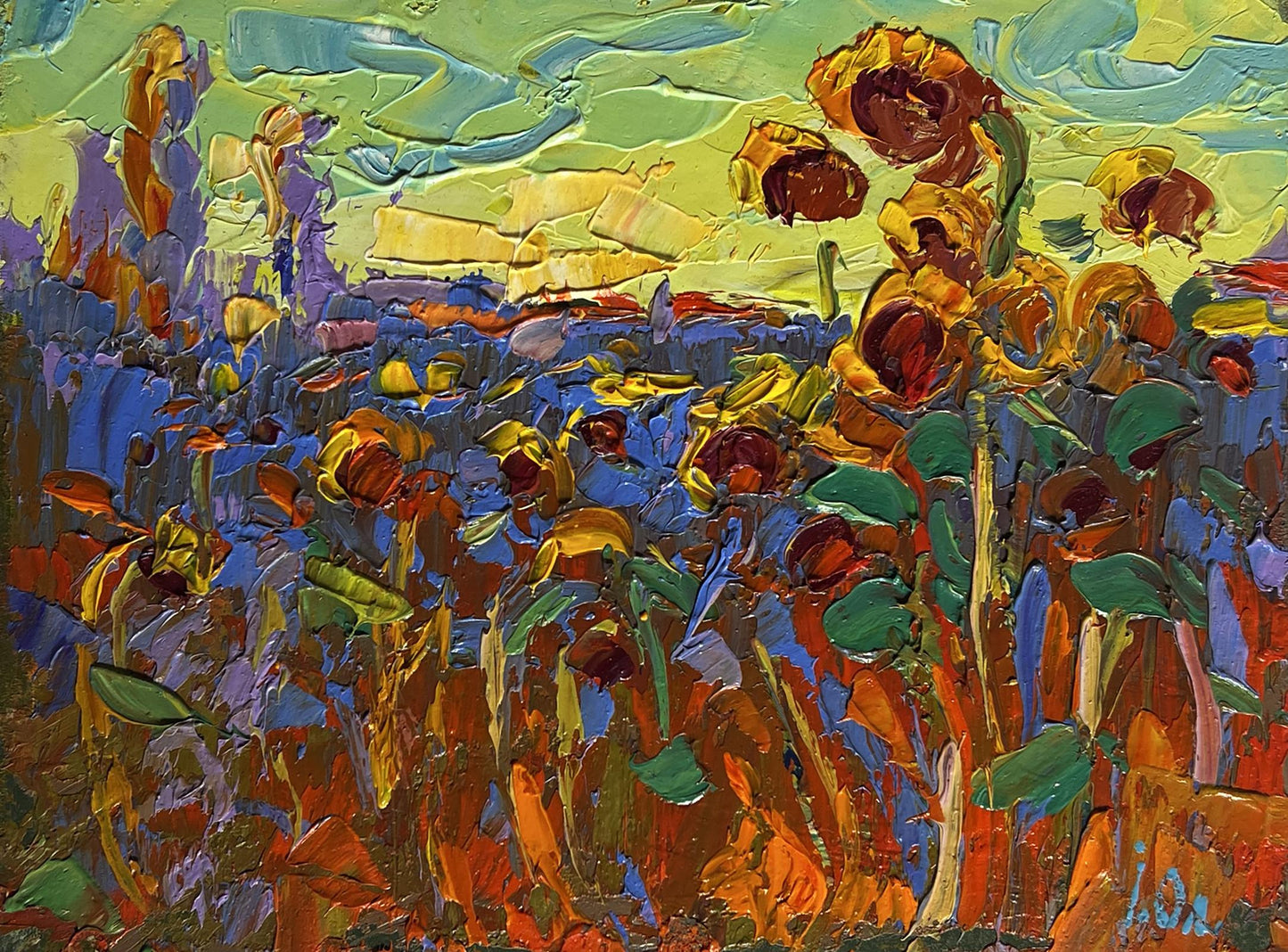 Vibrant impressionist oil painting Yellow sunset over sunflowers by Oleksiy Ivanyuk