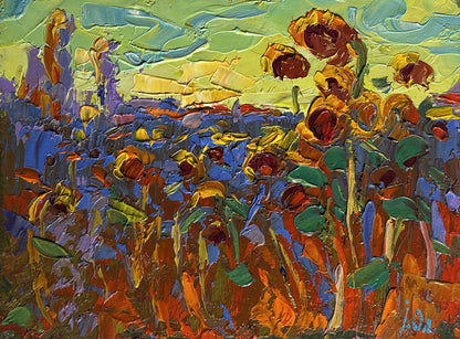 Vibrant impressionist oil painting Yellow sunset over sunflowers by Oleksiy Ivanyuk