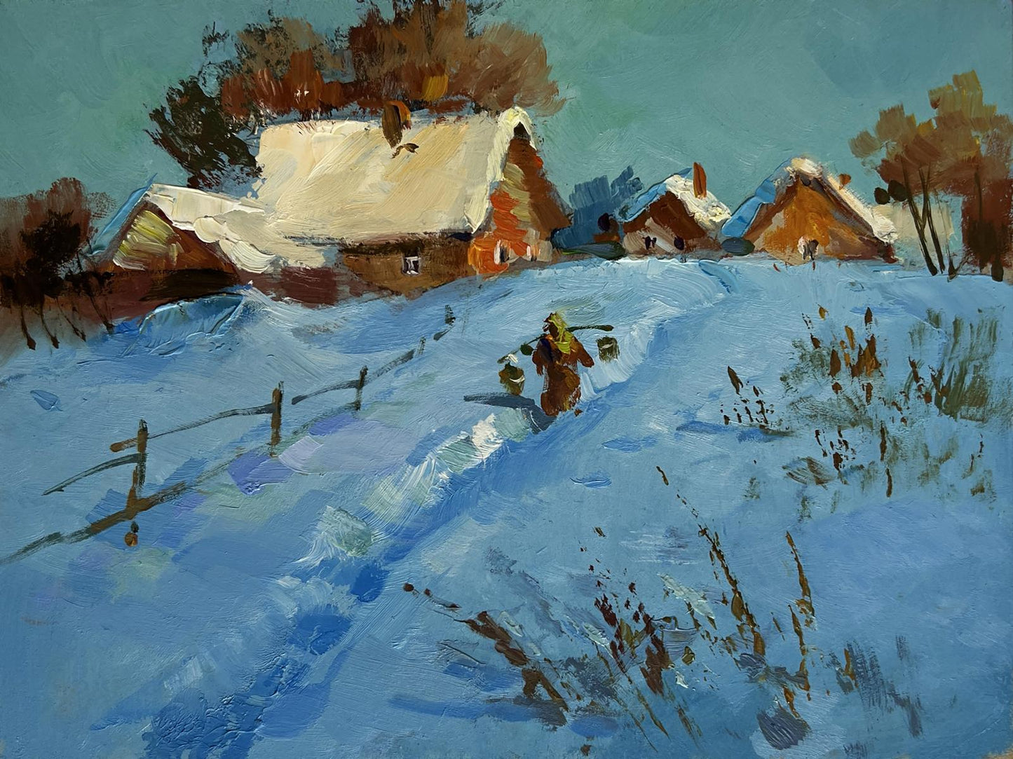Oil painting of snowy village path by Yuriy Suprunchuk