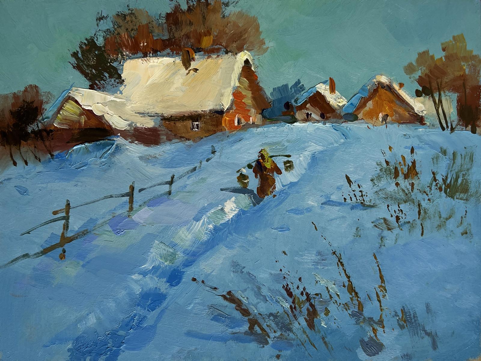 Oil painting of snowy village path by Yuriy Suprunchuk