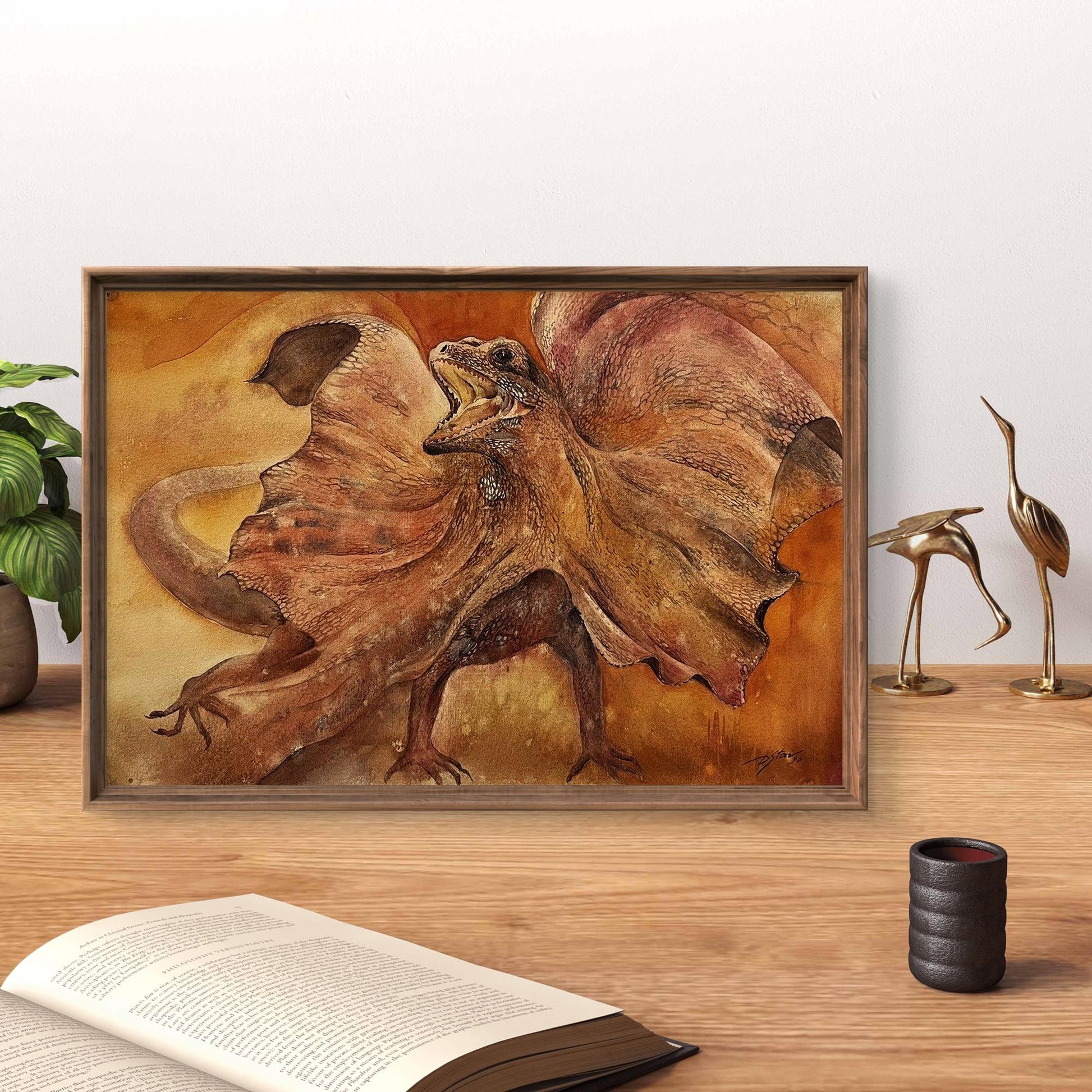 Watercolor painting of Cloaked lizard by Dmytro Startsev in wooden frame