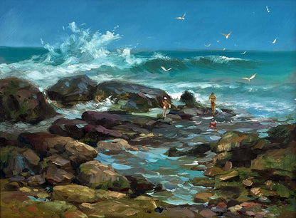 Oil painting by Yuriy Suprunchuk: turquoise waves crash on mossy rocks
