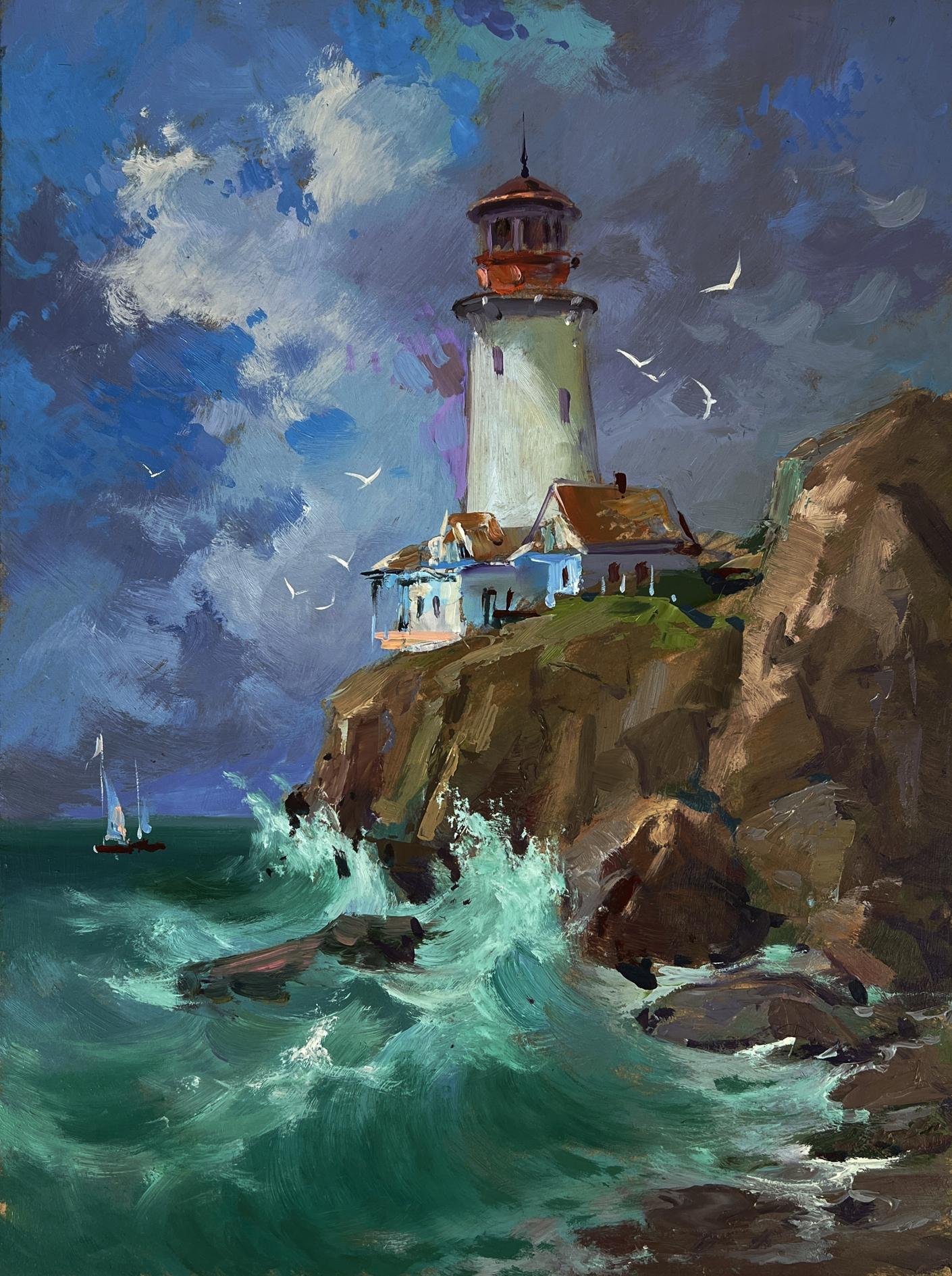 Oil painting of white lighthouse with red lantern on rocky cliff by Yuriy Suprunchuk