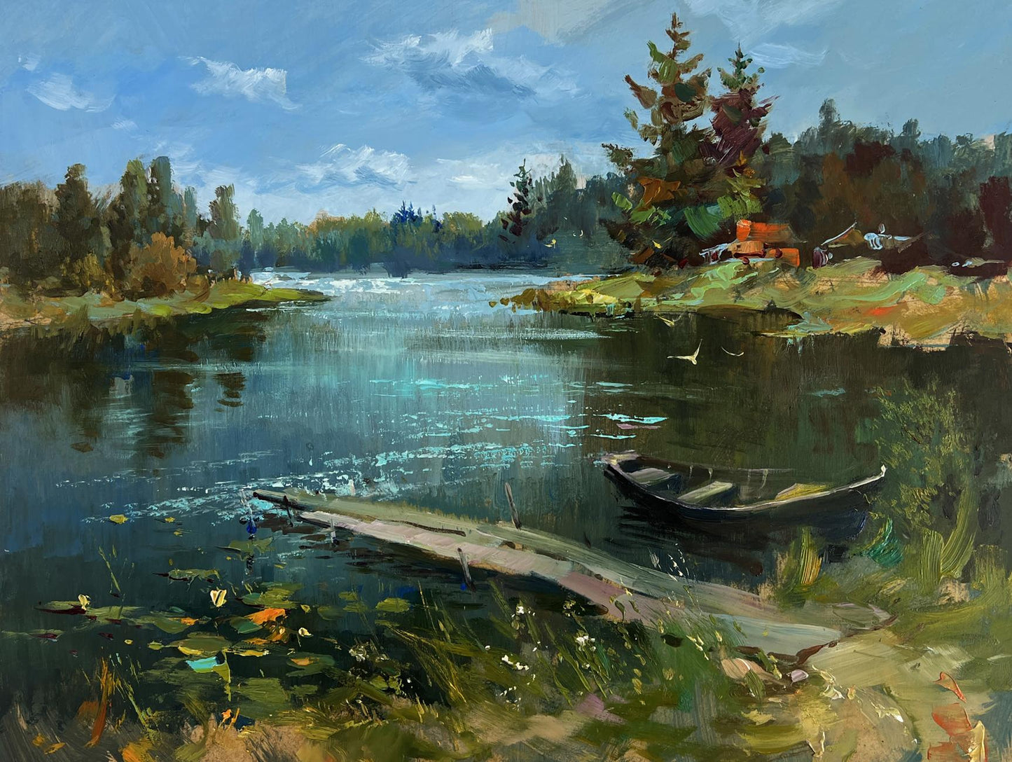 Oil painting of lonely dark wooden rowboat on calm riverbank by Yuriy Suprunchuk