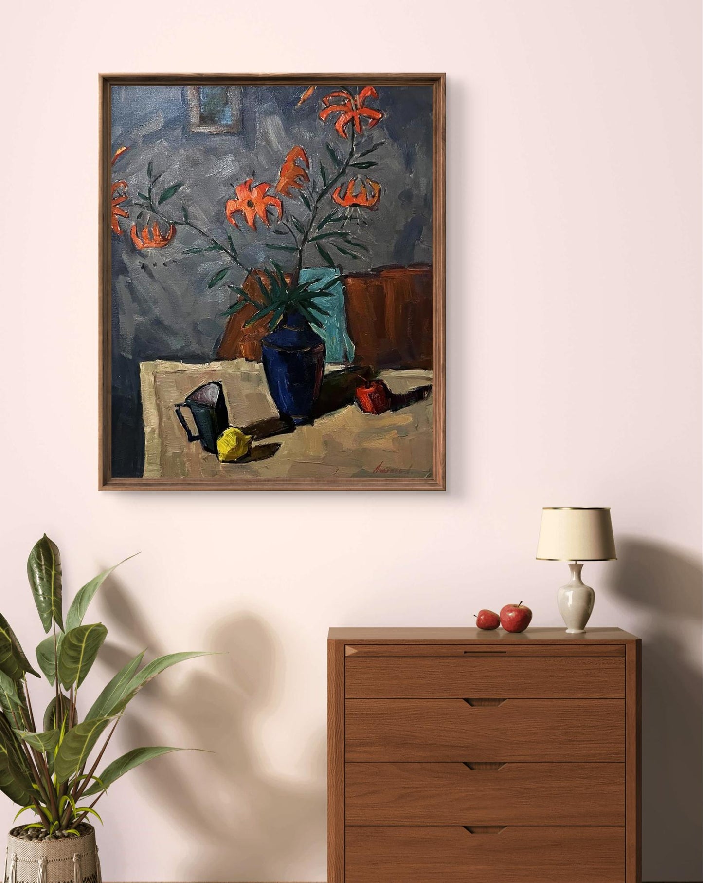 Oil painting Lilies by Oleksandr Andreev, vibrant orange lilies in blue vase