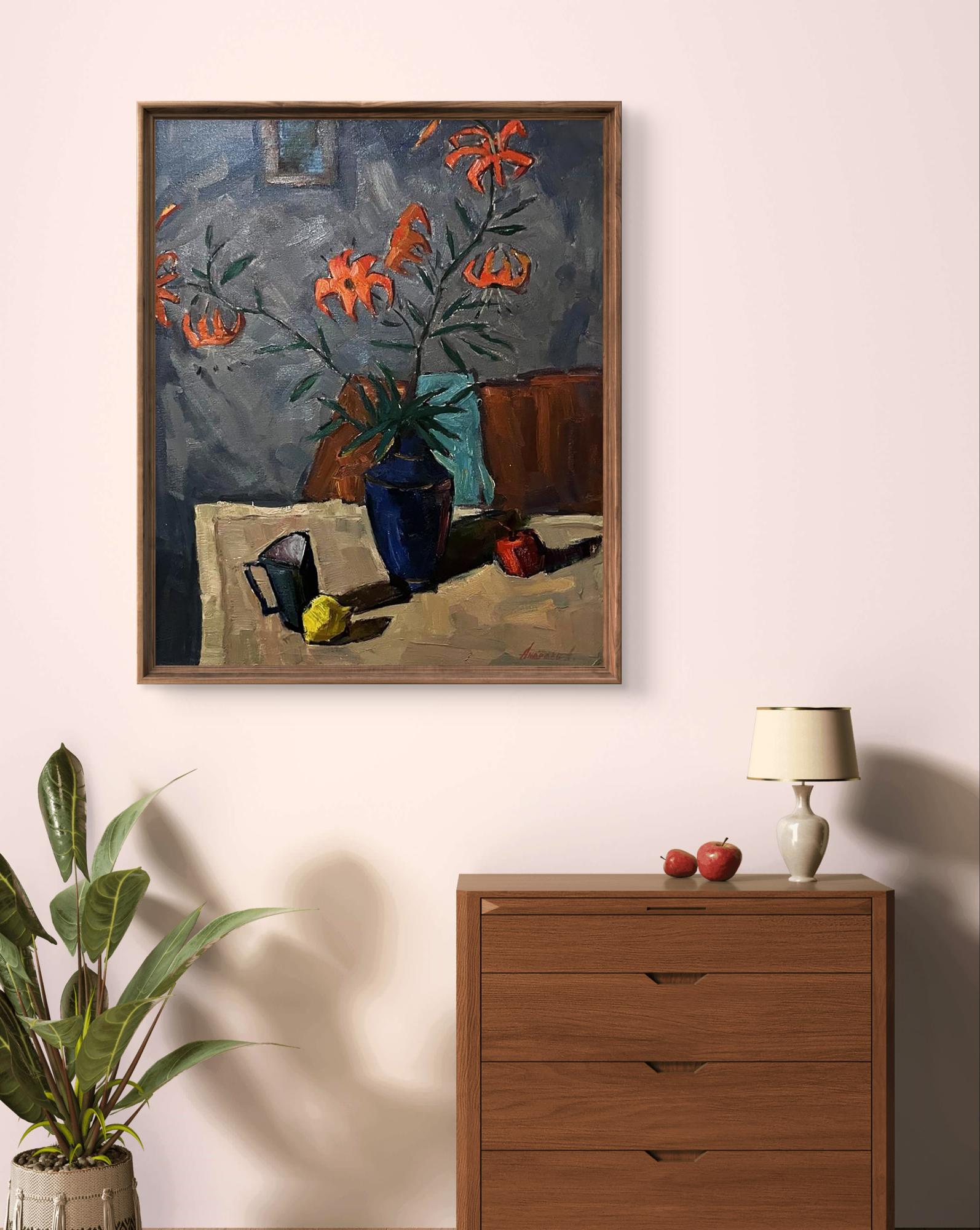 Oil painting Lilies by Oleksandr Andreev, vibrant orange lilies in blue vase