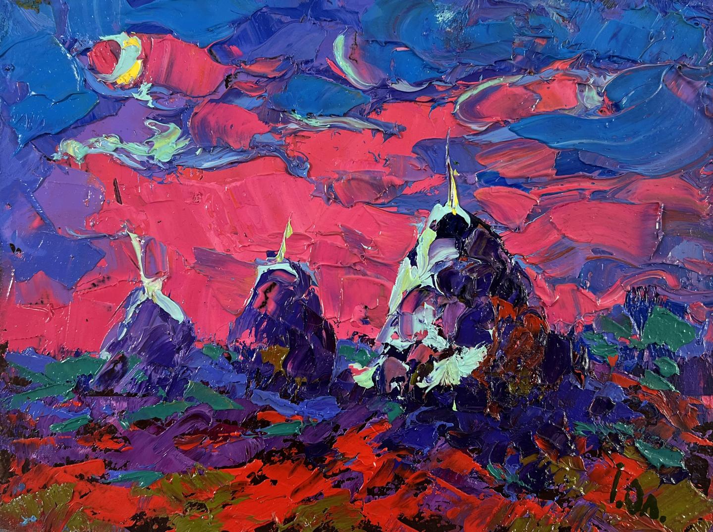 Vibrant Oleksiy Ivanyuk oil painting The moonlit night whispers silence with bold reds blues purples impasto