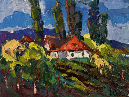 Oil painting Childhood in the aromas of grass by Oksana Ivanyuk: white house with red roof amid lush green trees under blue sky