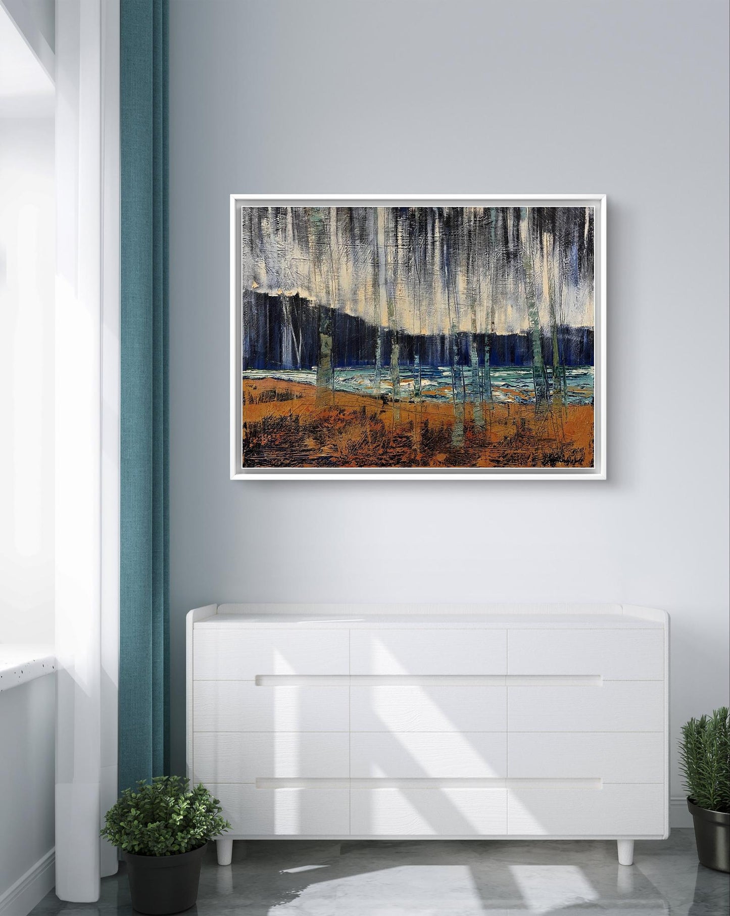 Framed oil painting glass landscape by Serhiy Kovalev in blue orange gray