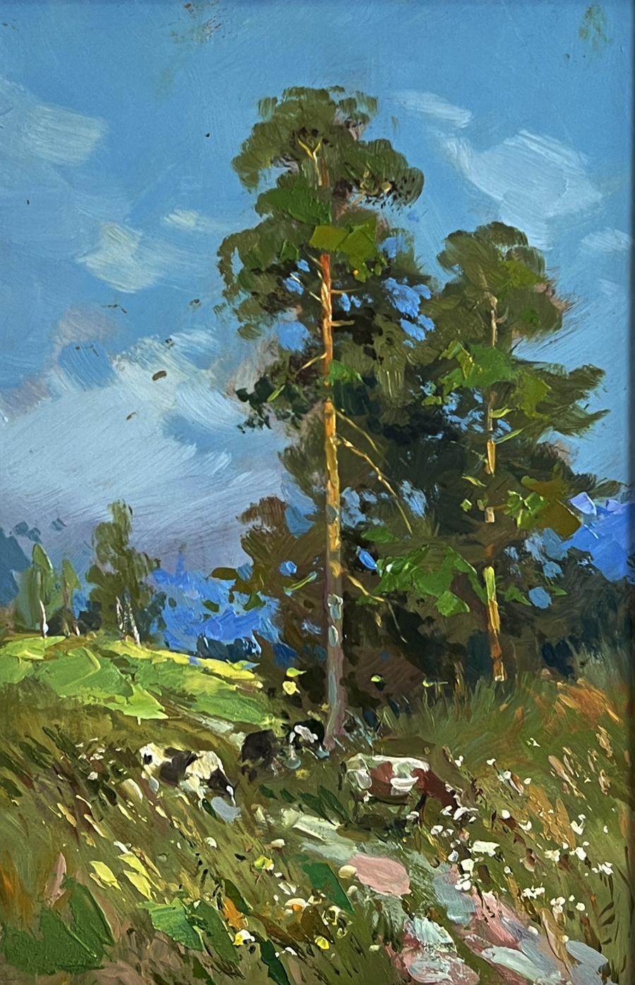 Vibrant impressionist oil painting by Yuriy Suprunchuk of cows in sunlit meadow with pines