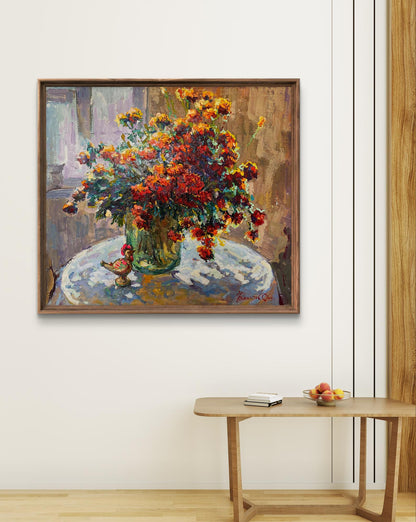 Oil painting The warmth of marigolds by Oksana Ivanyuk, vibrant orange red marigolds in green vase