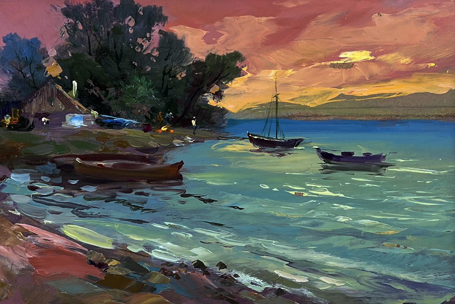 Oil painting Boats at sunset by Yuriy Suprunchuk lakeside scene