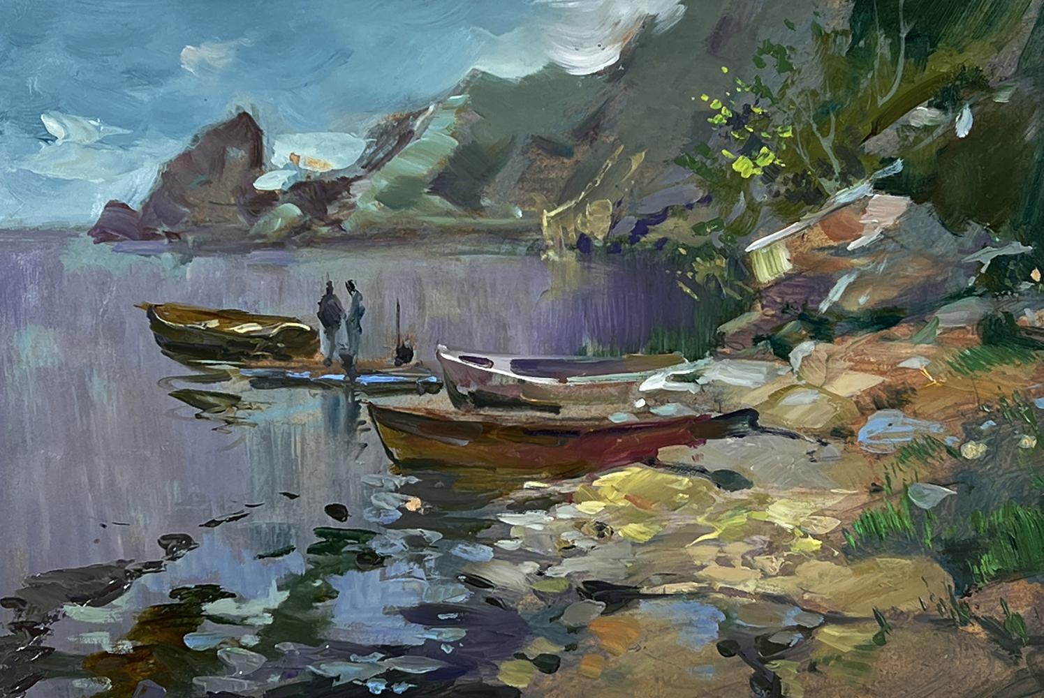 Oil painting of boats on seashore by Yuriy Suprunchuk