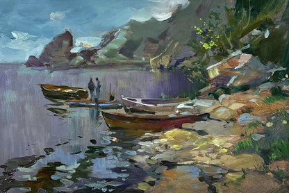 Oil painting of boats on seashore by Yuriy Suprunchuk