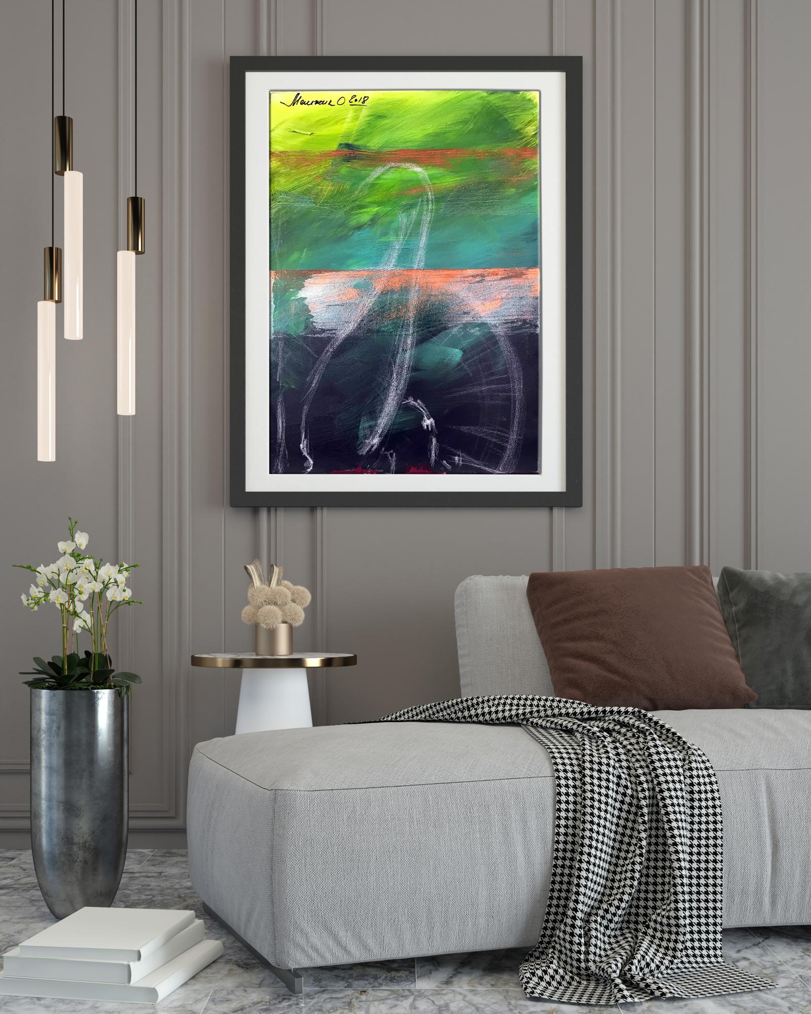 Framed abstract acrylic painting Joy Olga Melezhik with green teal black strokes signed Samuel O