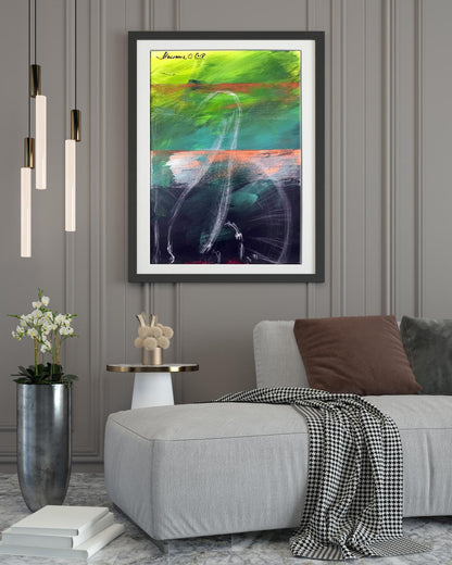 Framed abstract acrylic painting Joy Olga Melezhik with green teal black strokes signed Samuel O