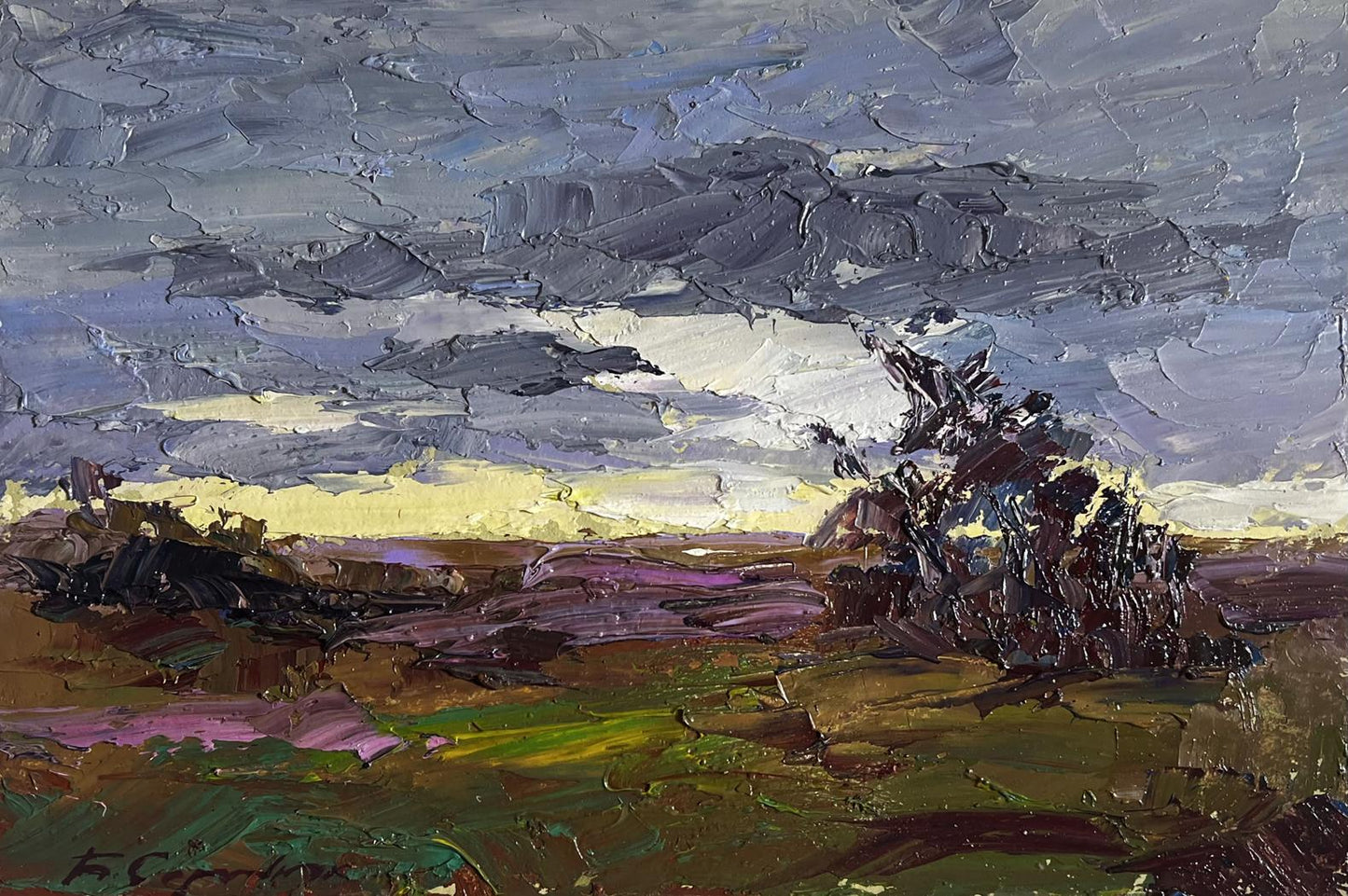 Oil painting Its a nasty day by Boris Serdyuk, dramatic gray sky over field