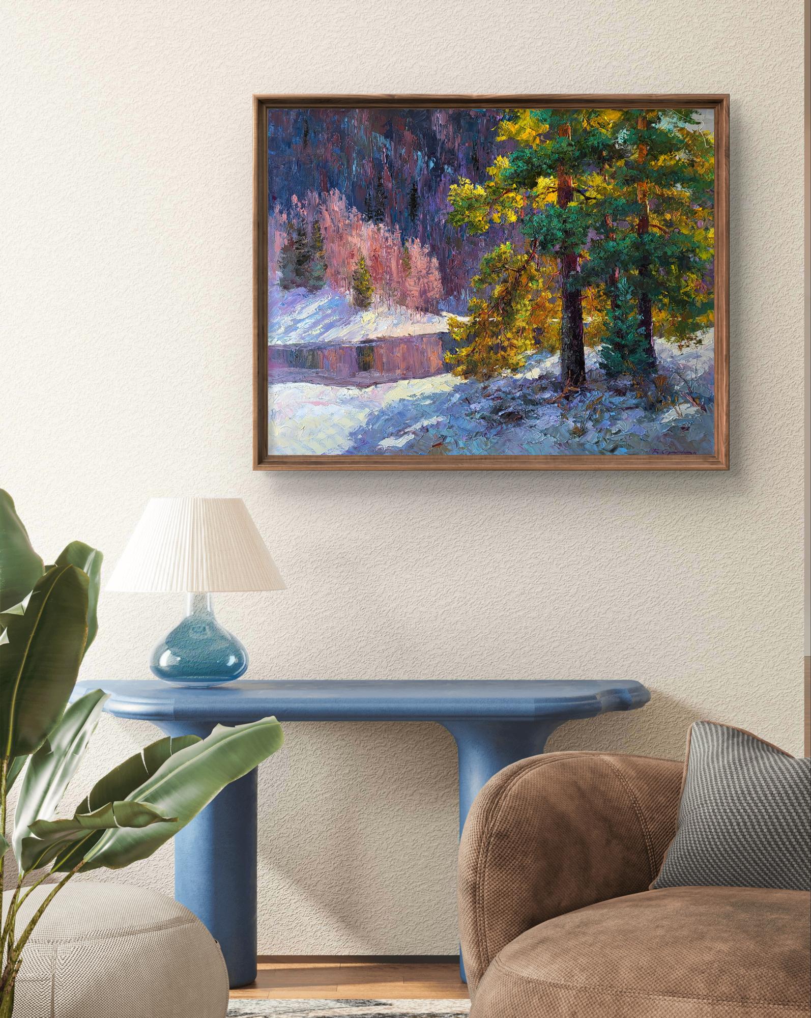 Oil painting It snowed in the mountains by Boris Serdyuk, snowy forest scene