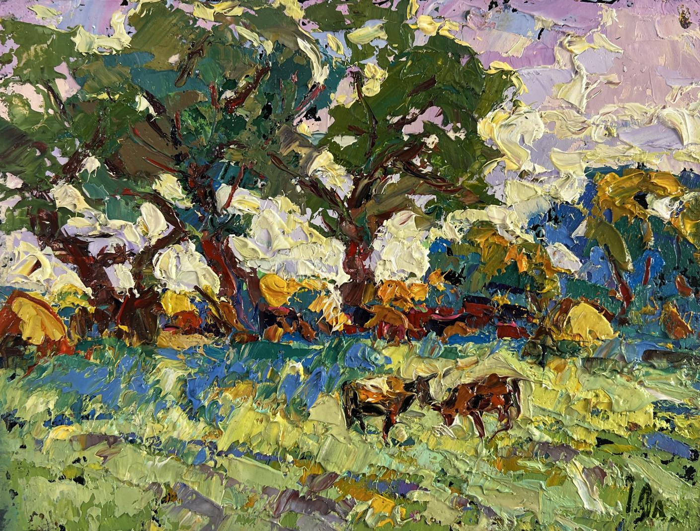 Vibrant impressionist oil painting by Oleksiy Ivanyuk: green trees, cows, purple sky