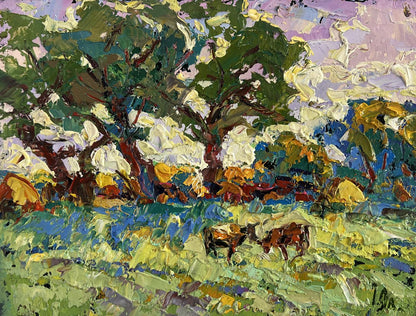 Vibrant impressionist oil painting by Oleksiy Ivanyuk: green trees, cows, purple sky