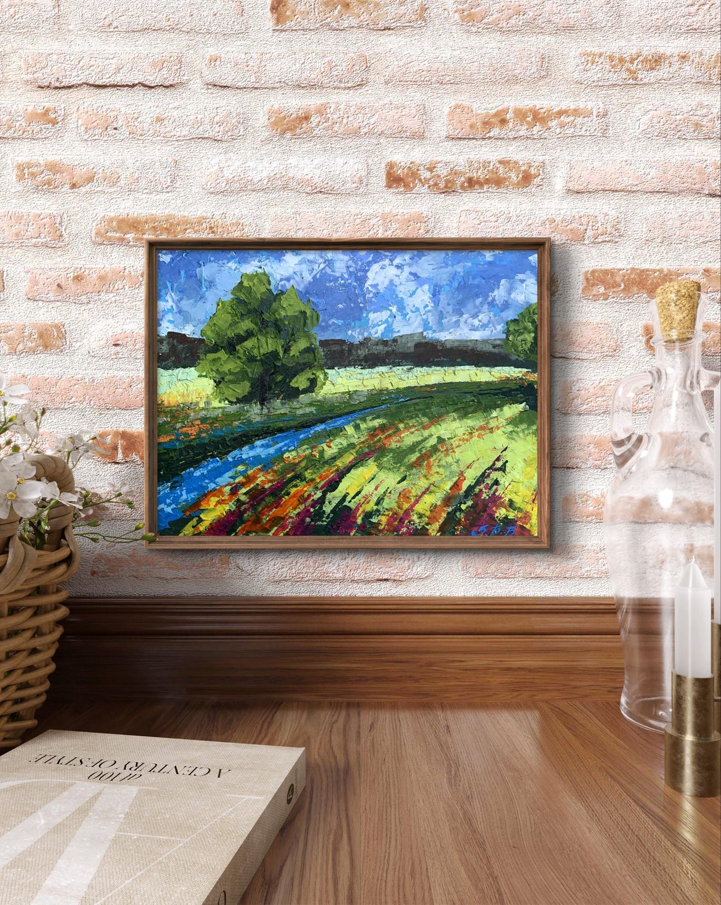 Framed oil painting Green fields under clear skies by V. Zadorozhnya