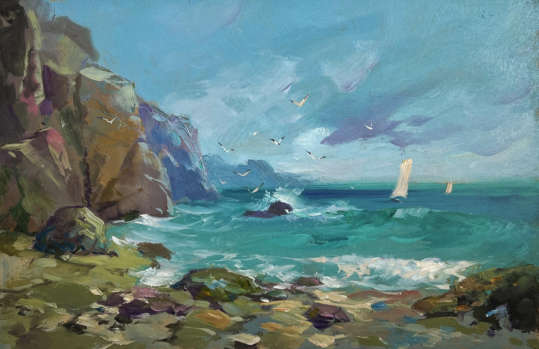 Oil painting by Yuriy Suprunchuk: seagulls over vibrant coastal seascape