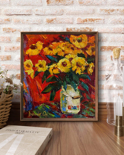 Vibrant impressionist oil painting of sunflowers by Oksana Ivanyuk in jar