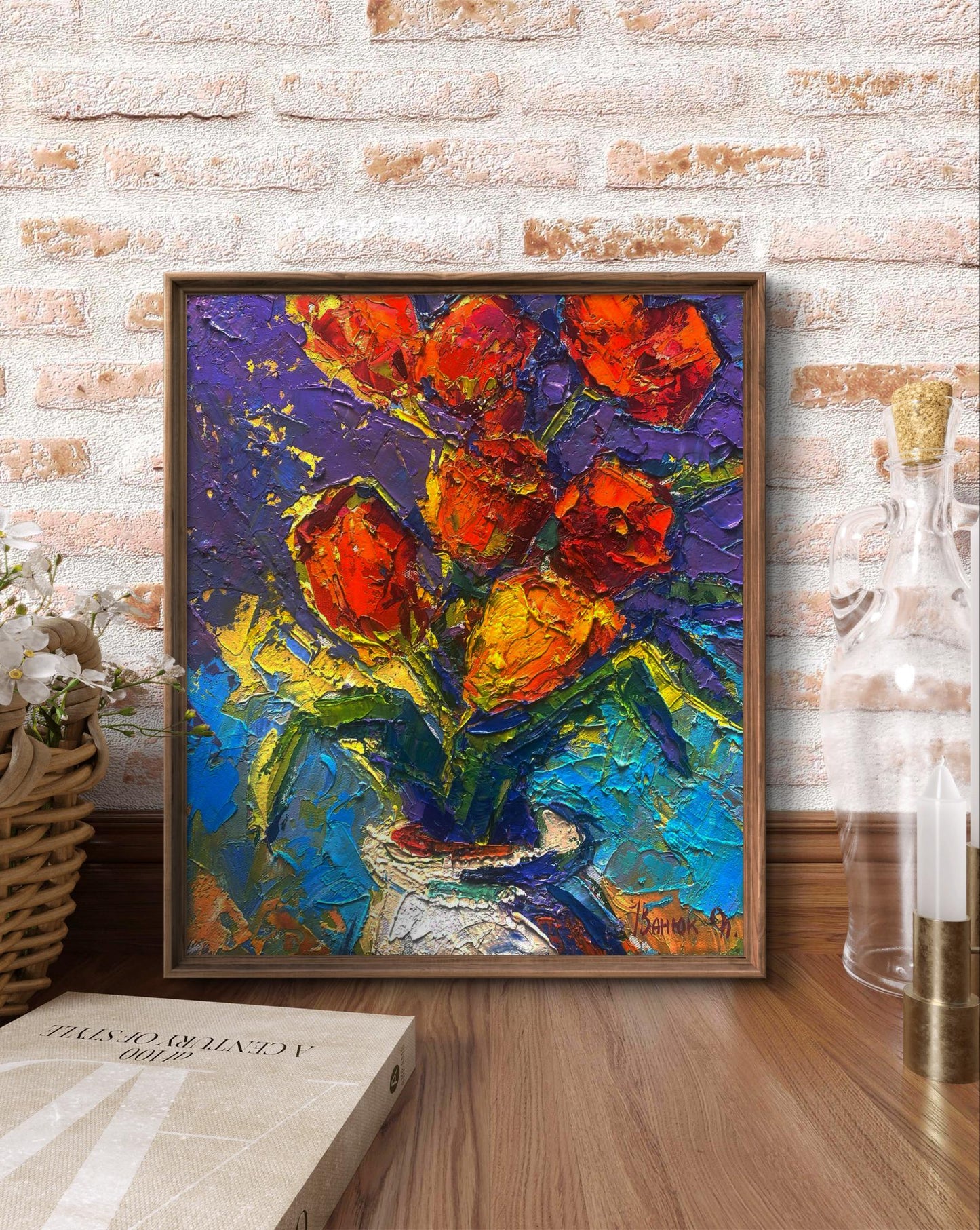 Vibrant oil painting of red orange tulips in white vase by Oleksiy Ivanyuk