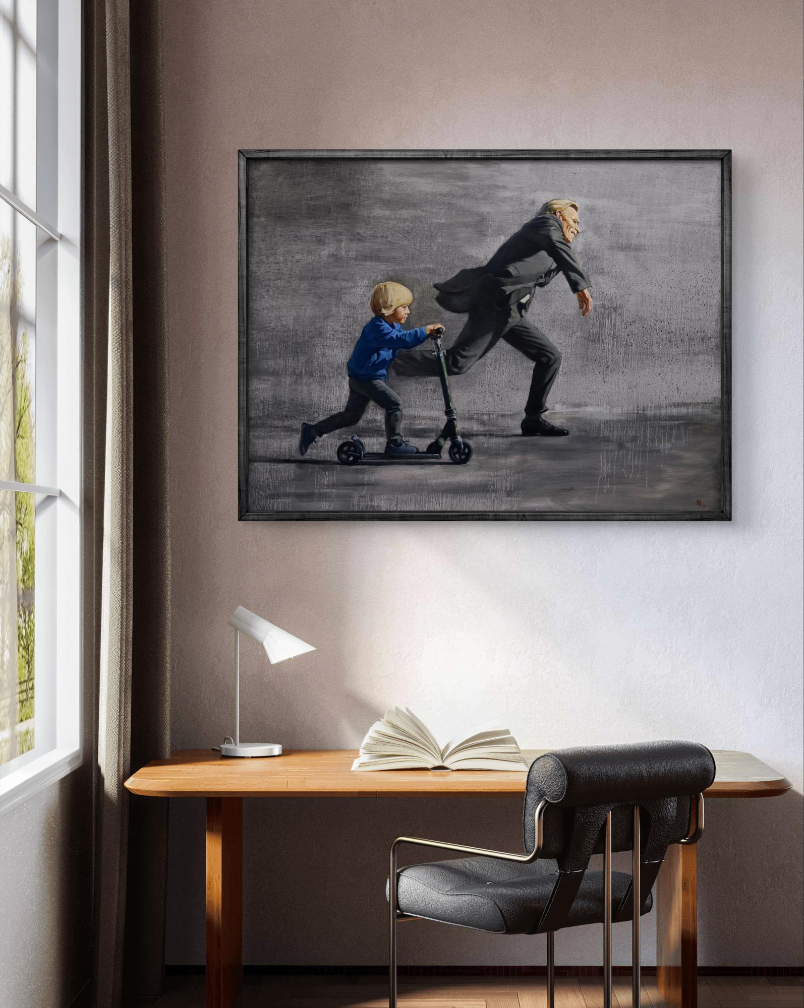 Framed black-and-white oil painting Chasing the Rain by Oleg Kateryniuk
