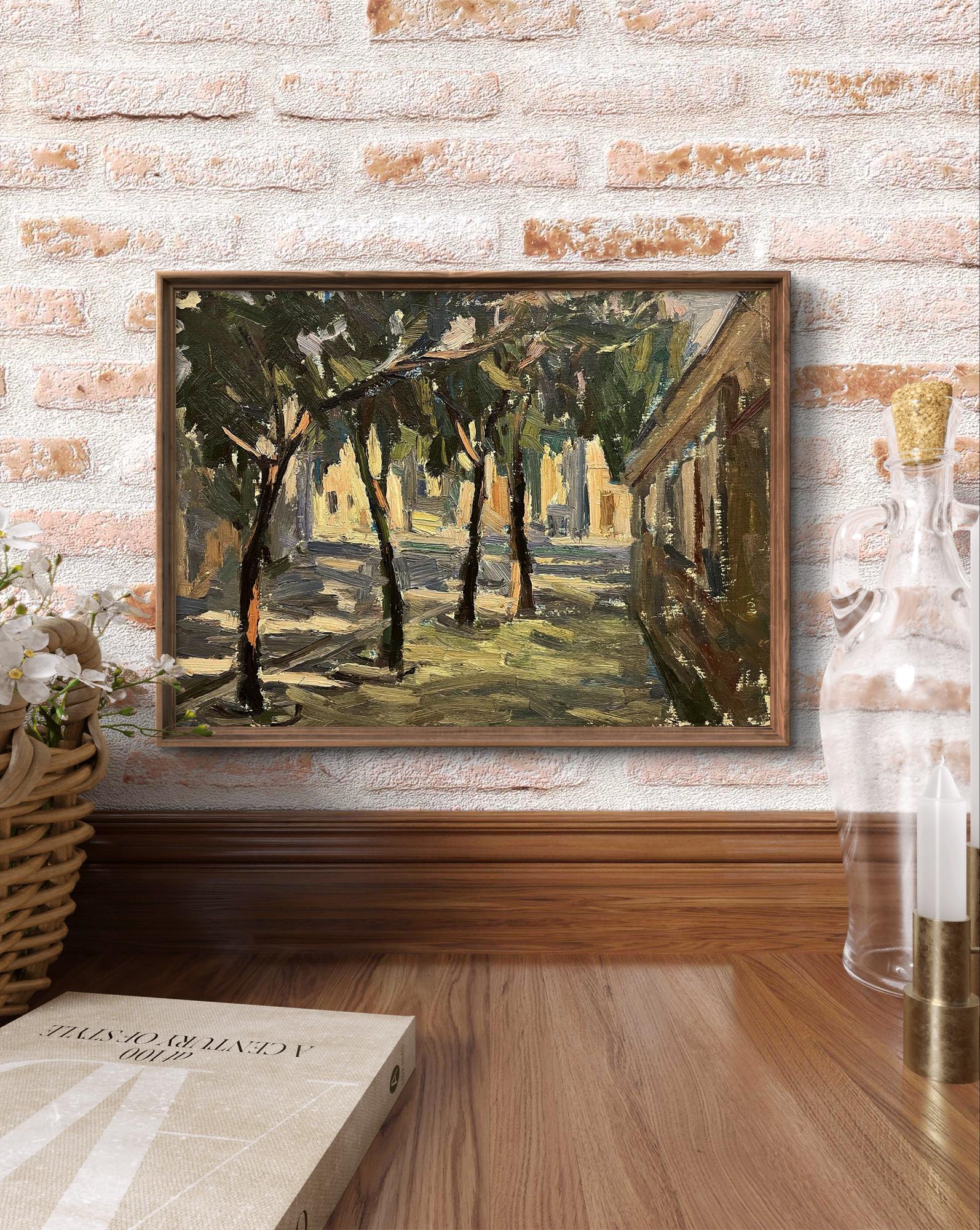 Framed impressionistic oil painting sketch of sunlit tree-lined city street by Oleg Kravets