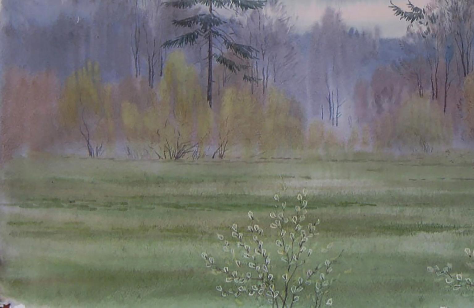 Watercolor Spring forest painting by Valery Savenets misty landscape