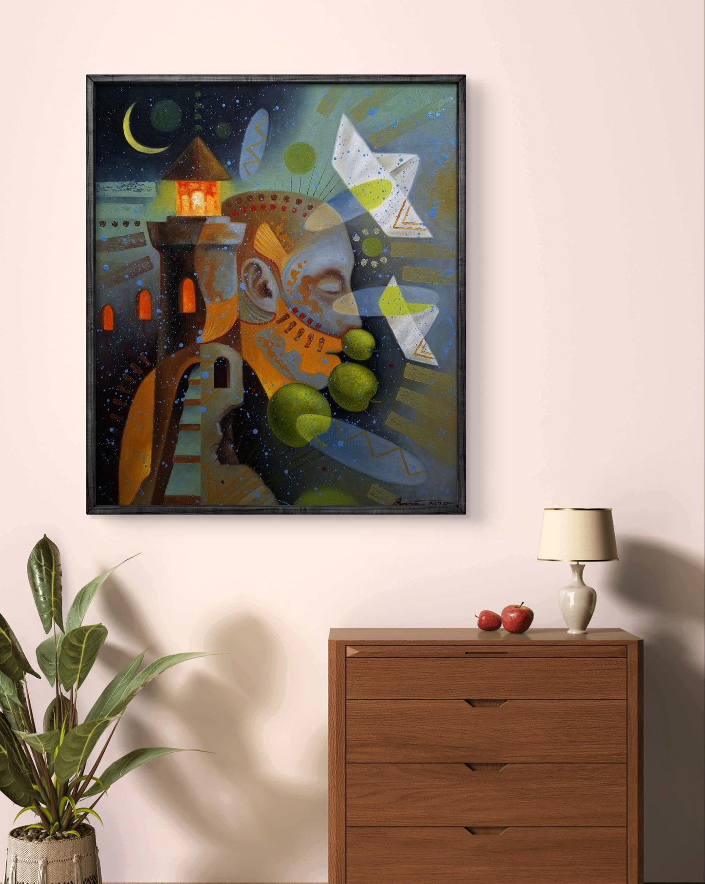 Vibrant oil painting A person sees dreams by Sergiy Voichenko in black frame