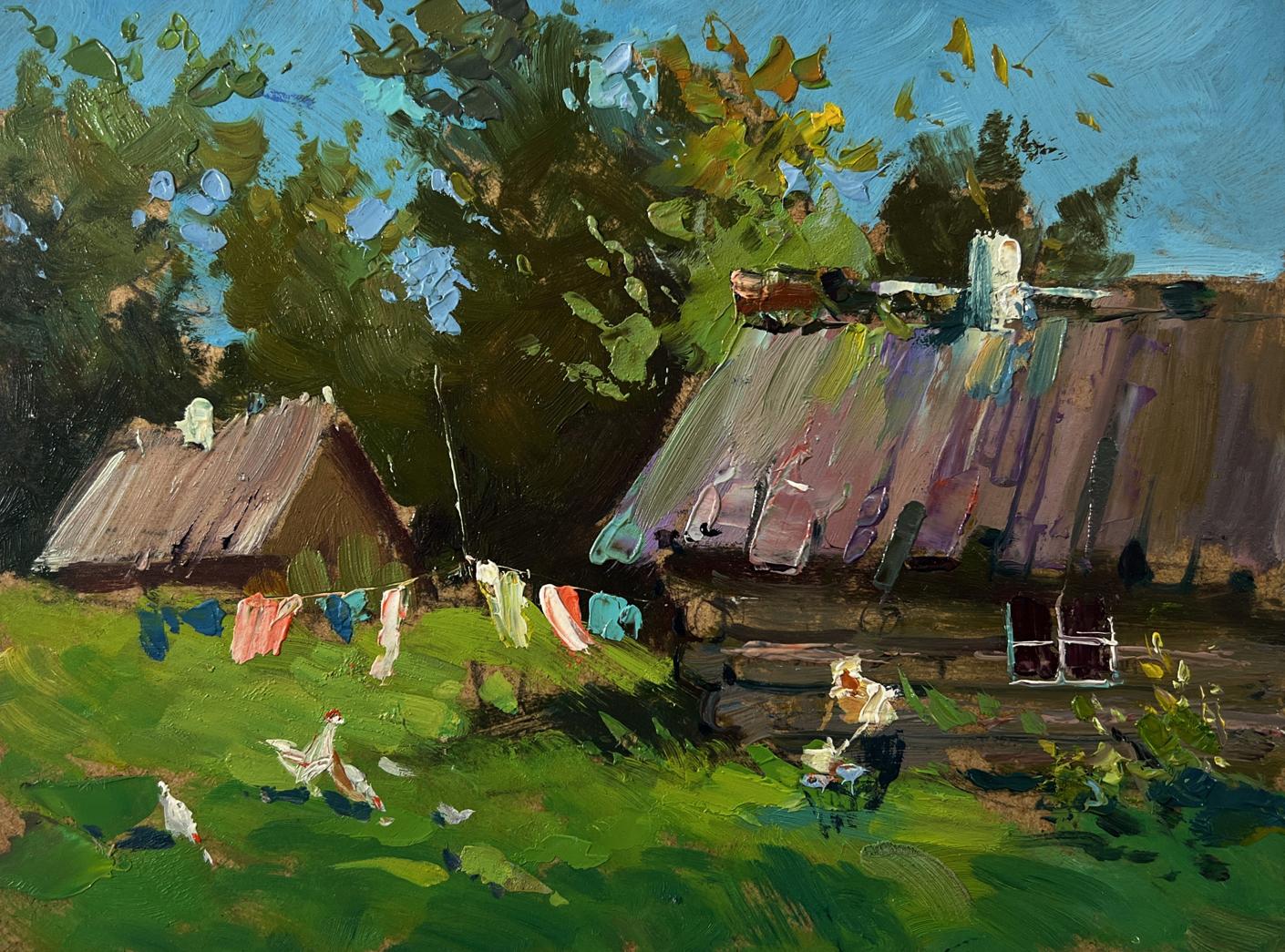 Oil painting of rustic thatched house with colorful laundry by Yuriy Suprunchuk