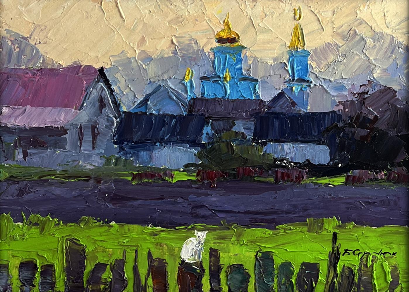 Oil painting by Boris Serdyuk: white cat on green fence, blue domed village
