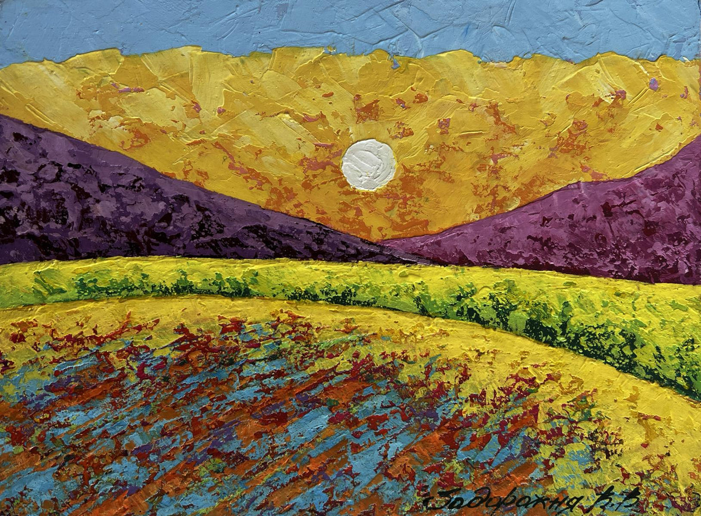Oil painting Watching the sunset by V. Zadorozhnya: vibrant sunset over purple mountains