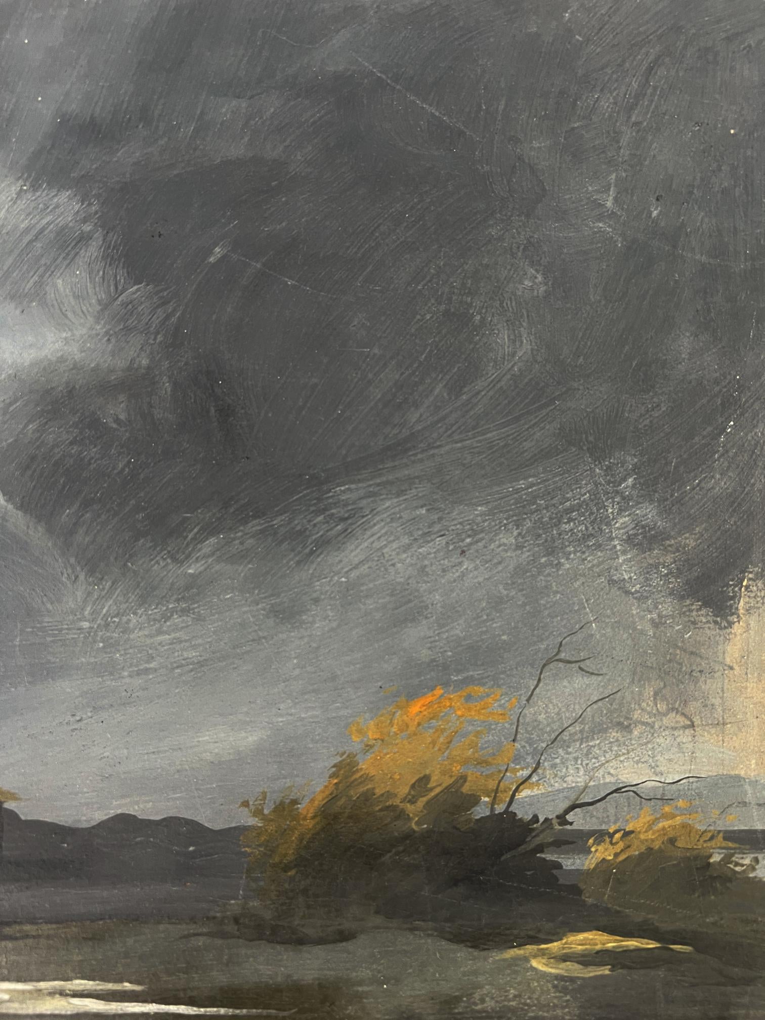 Moody oil painting by Oleg Litvinov of thunderstorm over golden foliage and hills