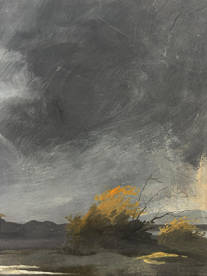 Moody oil painting by Oleg Litvinov of thunderstorm over golden foliage and hills
